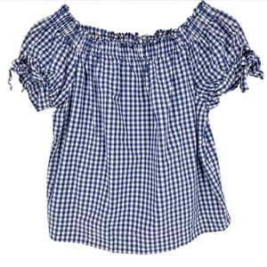 J. Crew Blue and White Gingham Off-Shoulder Blouse